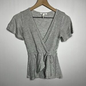 Caution To The Wind Shirt Women Sz Small Stripe Wrap Front Flutter Sleeve Blouse